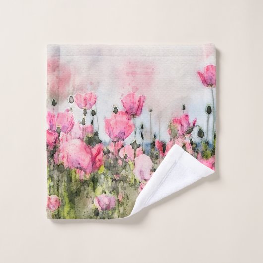 Floral Waterverf Pink Poppy Flowers Bad Handdoek (Wasdoekje)