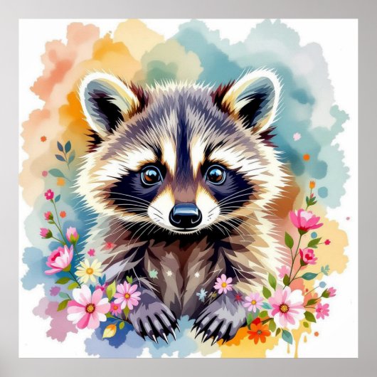 Floral Waterverf Raccoon Poster (Voorkant)