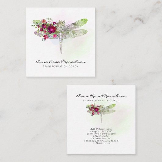 *~* Floral Waterverf Red Rose Dragonfly Vierkante Visitekaartje (Voorkant / Achterkant)