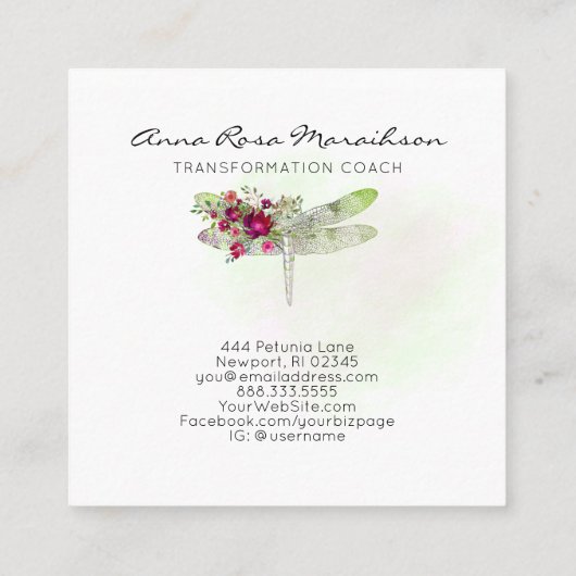 *~* Floral Waterverf Red Rose Dragonfly Vierkante Visitekaartje (Achterkant)