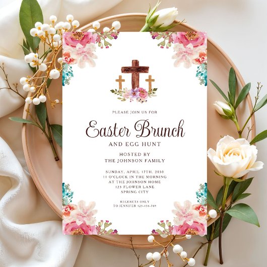 Floral Waterverf Religieuze Kruispap Brunch Kaart