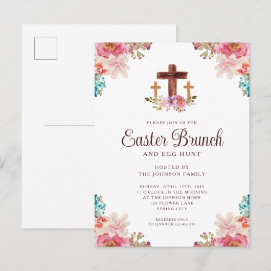 Floral Waterverf Religieuze Kruispap Brunch Uitnodiging Briefkaart (Voorkant / Achterkant)