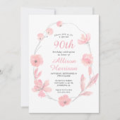 Floral Waterverf Roze 90th Birthday Party Kaart (Voorkant)