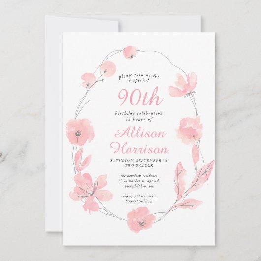 Floral Waterverf Roze 90th Birthday Party Kaart (Voorkant)