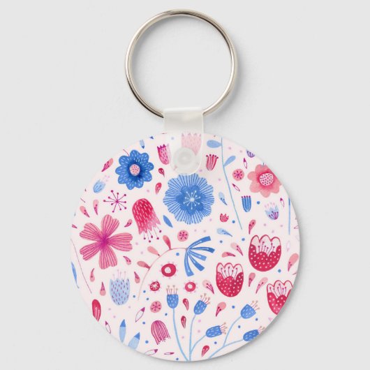 Floral Waterverf Roze Blauw Sleutelhanger (Voorkant)