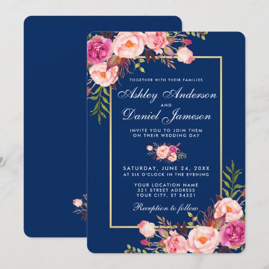 Floral Waterverf Roze Blauw Weddenschap B Kaart (Voorkant / Achterkant)