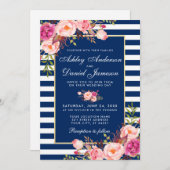 Floral Waterverf roze blauwe strepen bruiloft W Kaart (Voorkant / Achterkant)