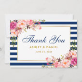 Floral Waterverf roze blauwe strepen huwelijk Bedankkaart (Voorkant)