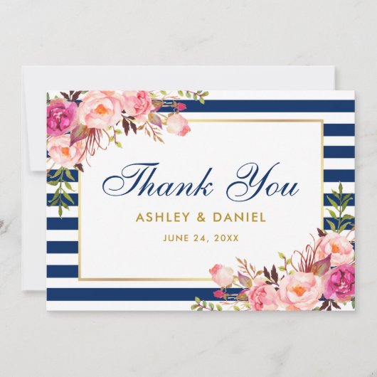 Floral Waterverf roze blauwe strepen huwelijk Bedankkaart (Voorkant)