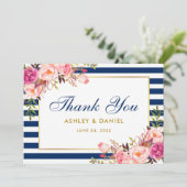 Floral Waterverf roze blauwe strepen huwelijk Bedankkaart (Staand voorkant)