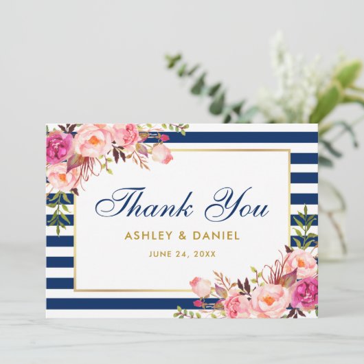 Floral Waterverf roze blauwe strepen huwelijk Bedankkaart (Staand voorkant)