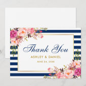 Floral Waterverf roze blauwe strepen huwelijk Bedankkaart (Voorkant / Achterkant)