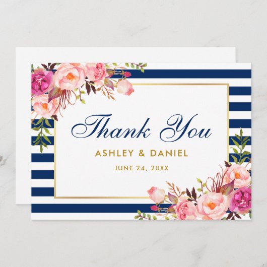 Floral Waterverf roze blauwe strepen huwelijk Bedankkaart (Voorkant / Achterkant)