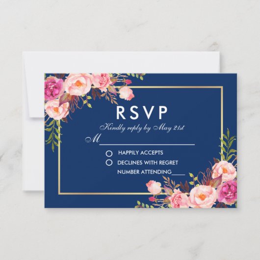 Floral Waterverf Roze Blush Blue RSVP Wedding (Voorkant)