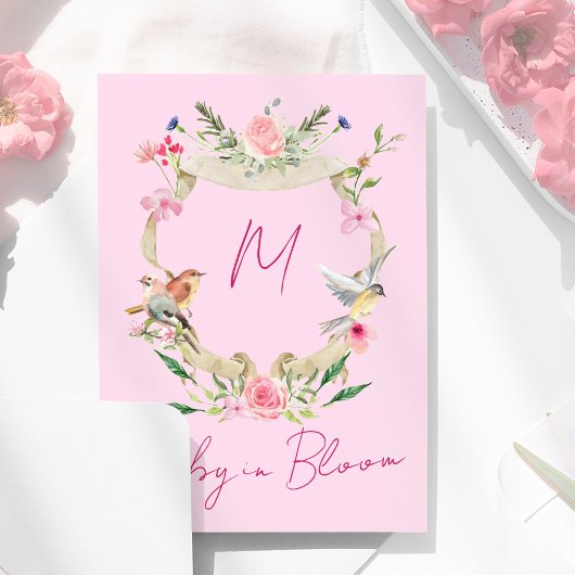 Floral Waterverf roze Monogram Baby shower Kaart