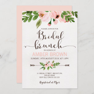 Floral Waterverf Rozen Bridal Brunch Uitnodiging