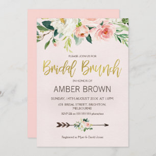 Floral Waterverf Rozen Bridal Brunch Uitnodiging