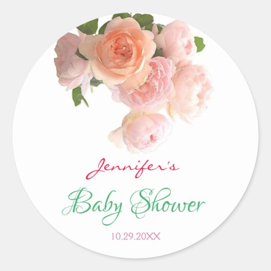Floral Waterverf Rozen Handschrift Baby shower Ronde Sticker (Voorkant)
