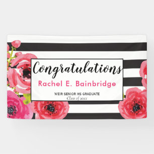 Floral Waterverf Rozen & Strepen Afstudeerder Part Spandoek