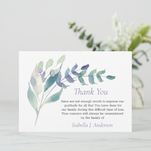 Floral Waterverf Rustic Lila Funeral Sympathie Bedankkaart (Staand voorkant)