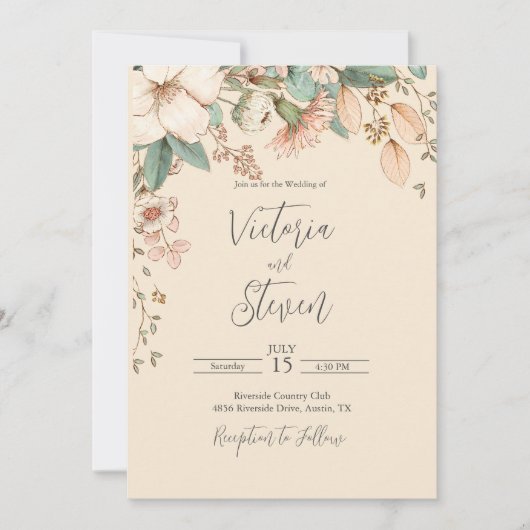 Floral Waterverf Rustic Script Wedding Invitation Kaart (Voorkant)