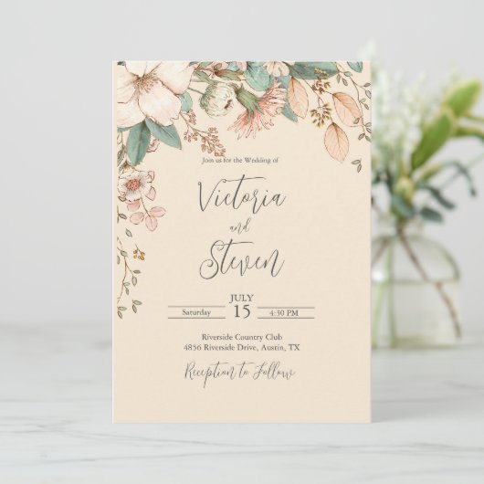 Floral Waterverf Rustic Script Wedding Invitation Kaart (Staand voorkant)