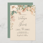 Floral Waterverf Rustic Script Wedding Invitation Kaart (Voorkant / Achterkant)