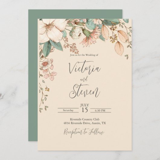Floral Waterverf Rustic Script Wedding Invitation Kaart (Voorkant / Achterkant)
