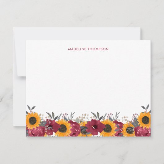 Floral Waterverf Rustic Sunflower Burgundy Notitiekaartje (Voorkant)