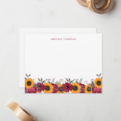 Floral Waterverf Rustic Sunflower Burgundy Notitiekaartje (Voorkant / Achterkant in situ)