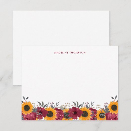 Floral Waterverf Rustic Sunflower Burgundy Notitiekaartje (Voorkant / Achterkant)