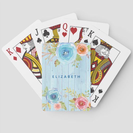 Floral waterverf rustisch blauw hout, aangepaste n pokerkaarten (Achterkant)