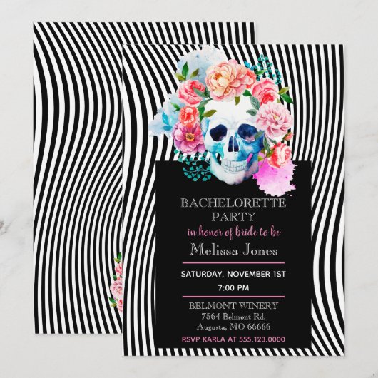 Floral Waterverf Schedel met strepen Uitnodiging (Voorkant / Achterkant)