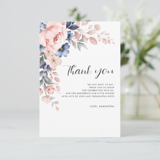 Floral Waterverf Script Baby shower Bedankkaart (Staand voorkant)