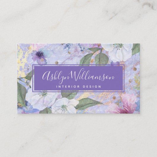  floral waterverf script, paars blauw goud visitekaartje (Voorkant)