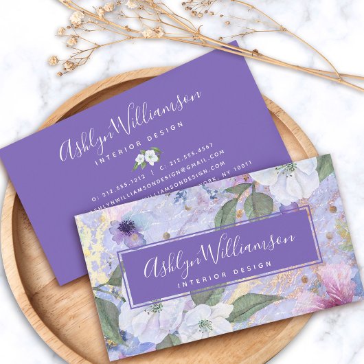  floral waterverf script, paars blauw goud visitekaartje
