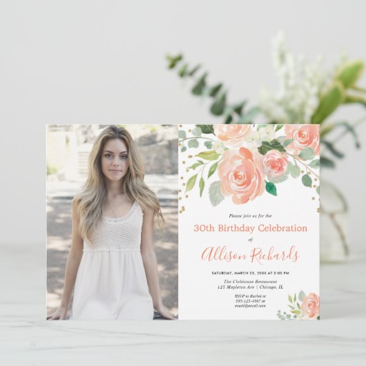 Floral waterverf sierlijke volwassen verjaardagsfo kaart (Staand voorkant)