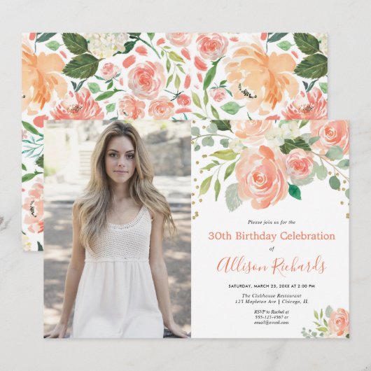Floral waterverf sierlijke volwassen verjaardagsfo kaart (Voorkant / Achterkant)