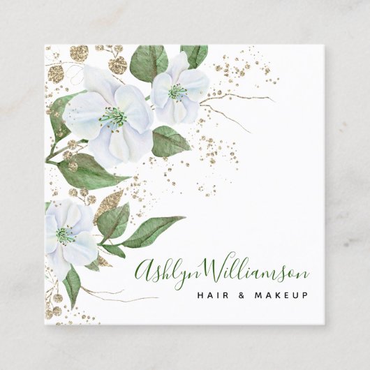 Floral Waterverf Stijlvol Script Modern Goud Wit Vierkante Visitekaartje (Voorkant)