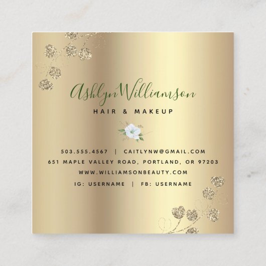 Floral Waterverf Stijlvol Script Modern Goud Wit Vierkante Visitekaartje (Achterkant)