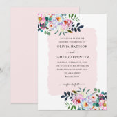 Floral Waterverf Stusty Pink Navy Blue Wedding Kaart (Voorkant / Achterkant)