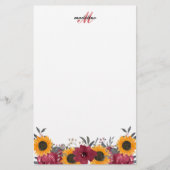 Floral Waterverf Sunflower Burgundy Monogram Briefpapier (Voorkant)