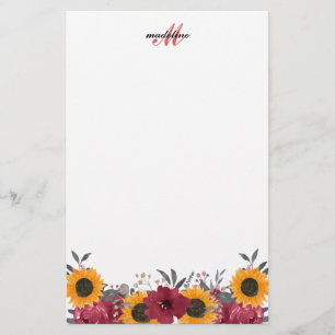 Floral Waterverf Sunflower Burgundy Monogram Briefpapier