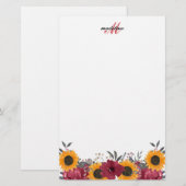 Floral Waterverf Sunflower Burgundy Monogram Briefpapier (Voorkant / Achterkant)