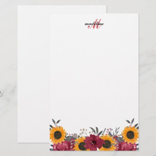 Floral Waterverf Sunflower Burgundy Monogram Briefpapier (Voorkant / Achterkant)