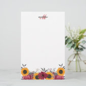Floral Waterverf Sunflower Burgundy Monogram Briefpapier (Staand voorkant)