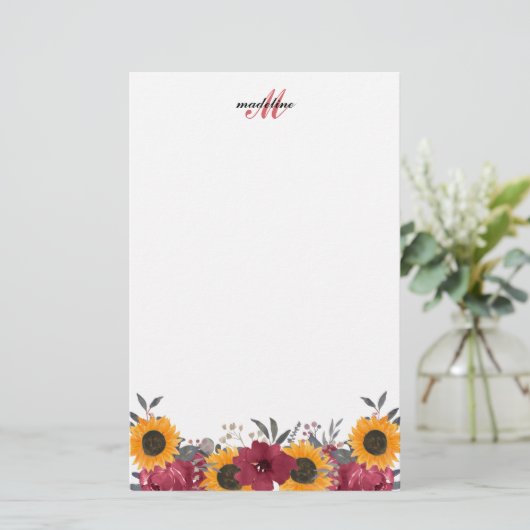 Floral Waterverf Sunflower Burgundy Monogram Briefpapier (Staand voorkant)