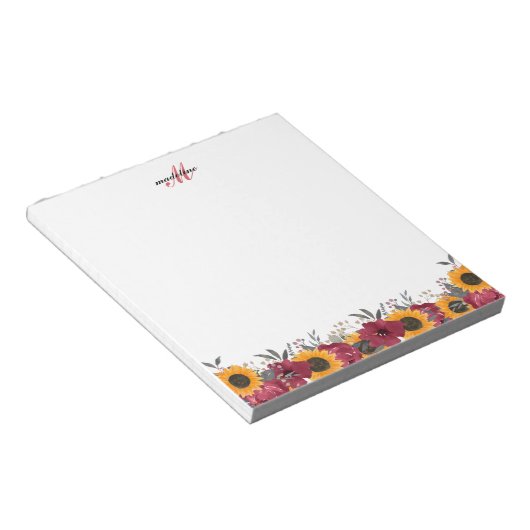 Floral Waterverf Sunflower Burgundy Monogram Notitieblok (Schuin)