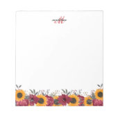 Floral Waterverf Sunflower Burgundy Monogram Notitieblok (Voorkant)