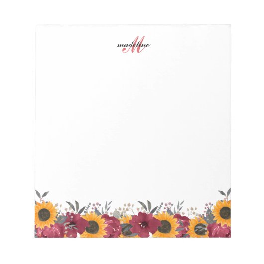 Floral Waterverf Sunflower Burgundy Monogram Notitieblok (Voorkant)